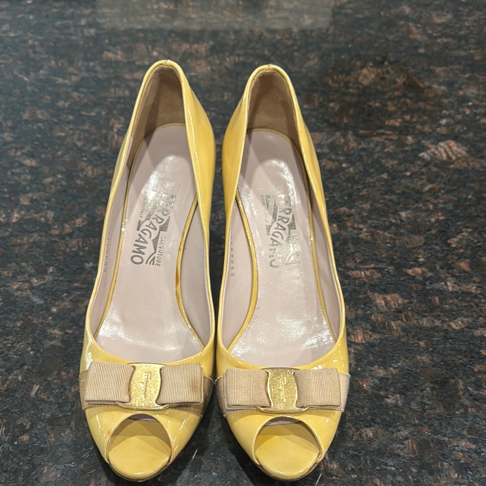 Salvatore Ferragamo Yellow Heels with Peep-Toe Design